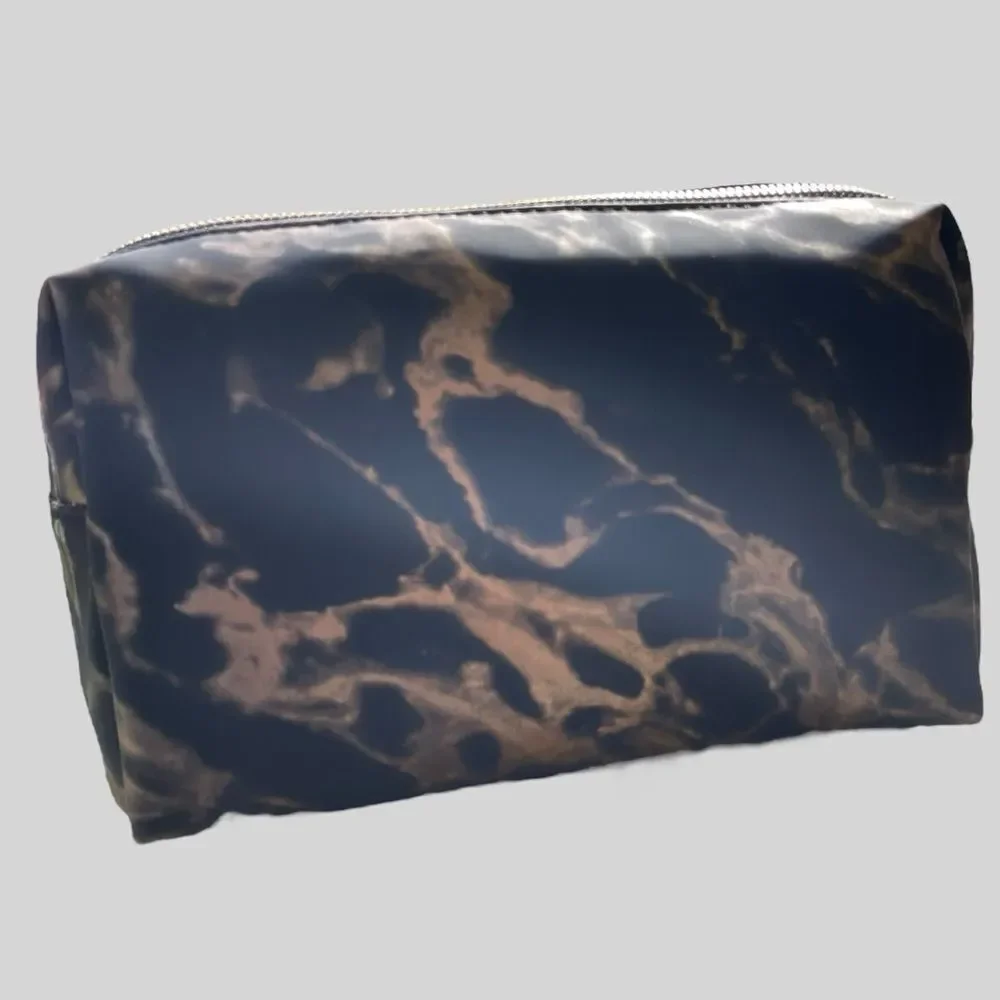 Vince Camuto Black Marble Cosmetic Bag Gold Makeup Travel Toiletry Case NWT